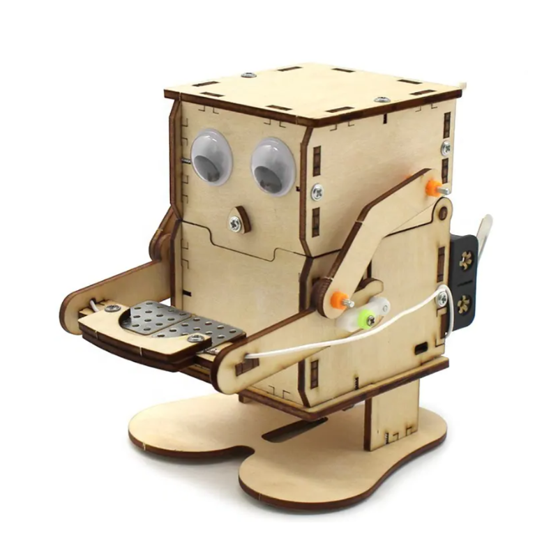 Coin-Eating Robot STEM kit with wooden robot body, motor, and coin mechanism
