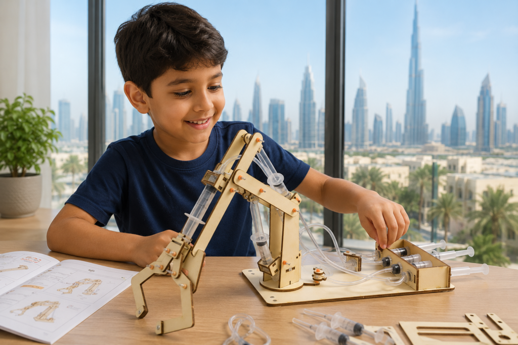 Young boy building a hydraulic robotic arm STEM project at home in Dubai with the city skyline visible in the background.